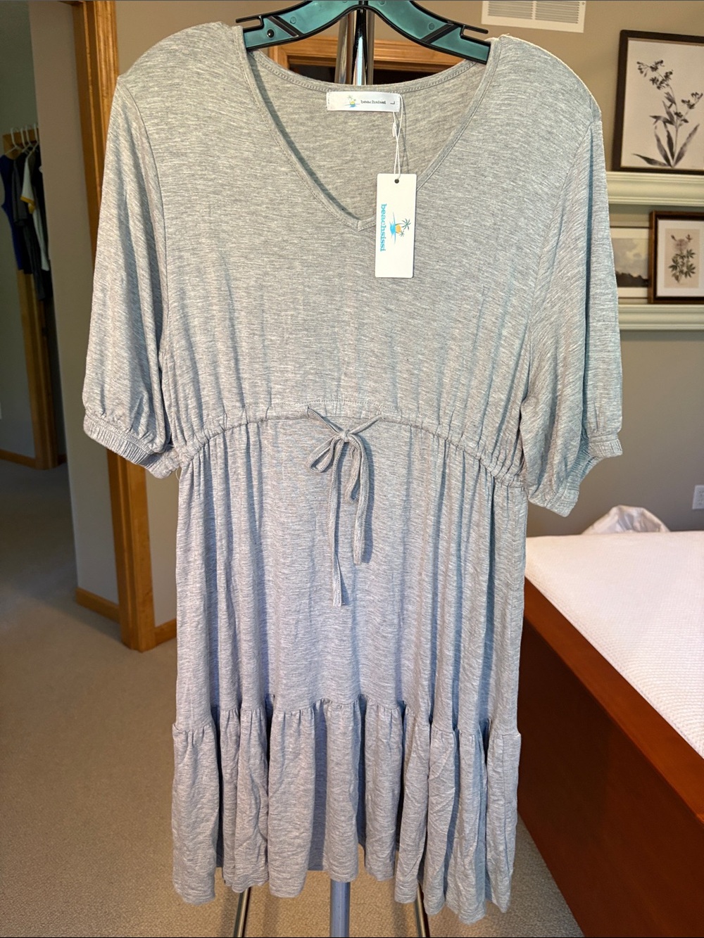 Soft Beach Coverup Tiered Dress with Tie Waist and Short Sleeves